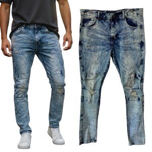 Smoke Rise Men's Skinny-fit Distressed Jeans Heavy Stonewash Finish Stretchy 38